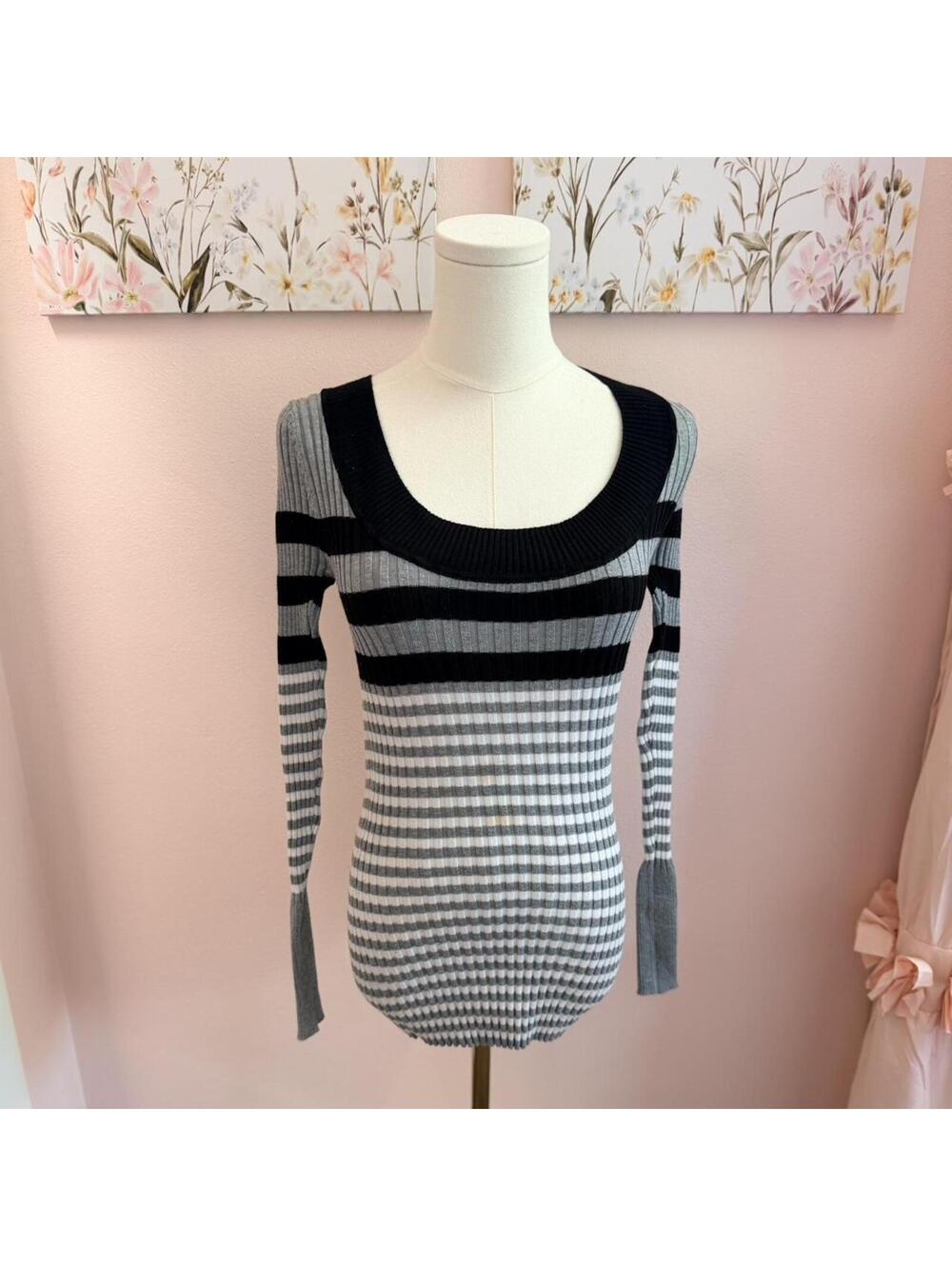 Y2K ribbed striped knit sweater dress/top grey black gingham